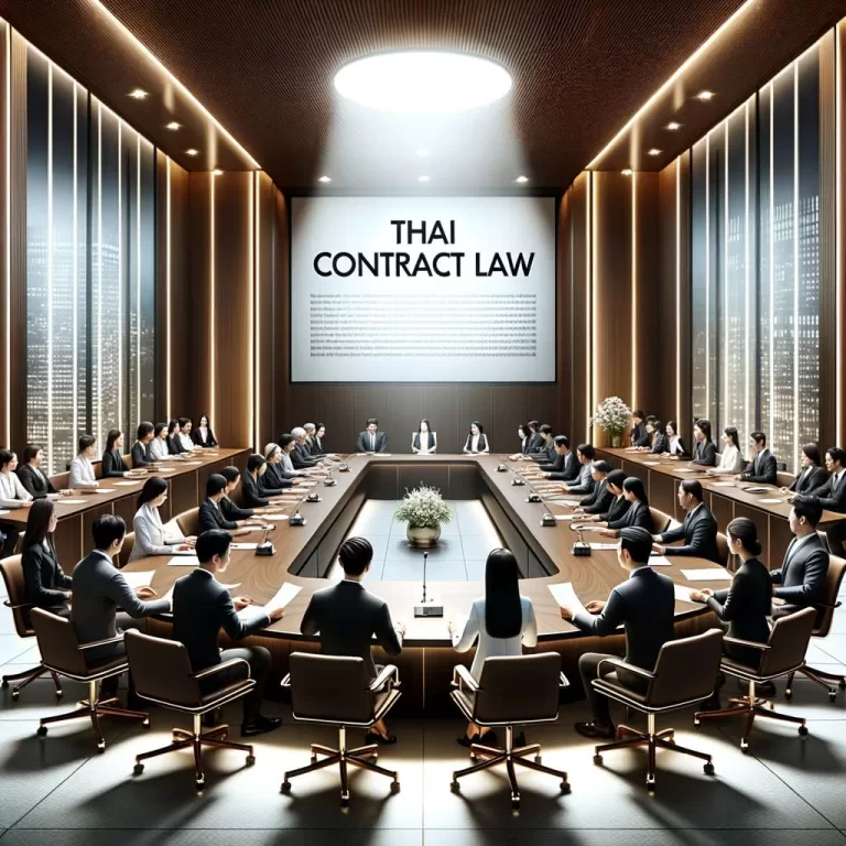 DALL·E 2023 10 23 18.47.38 Illustration of a spacious modern Thai conference room with ambient lighting and a polished wooden table. Diverse individuals men and women in sharp