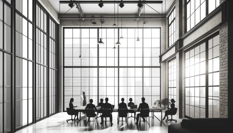 DALL·E 2024 05 16 13.29.22 A minimalistic depiction of a modern office with an industrial vibe. The office features exposed brick walls metal beams and large windows overlooki